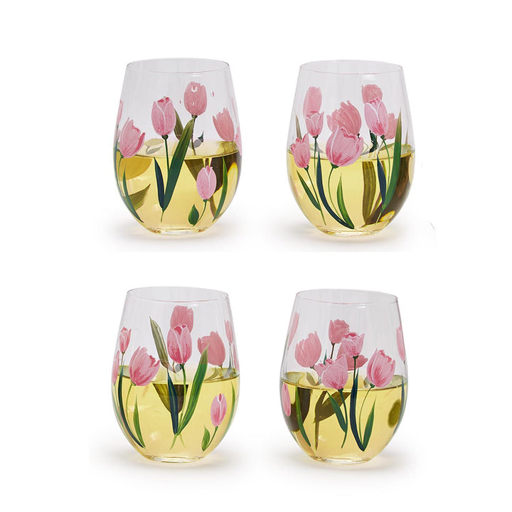Pink Tulips Stemless Wine Glass - Set of Four – Katherine Young Home