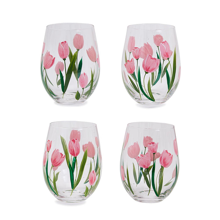 Pink Tulips Stemless Wine Glass