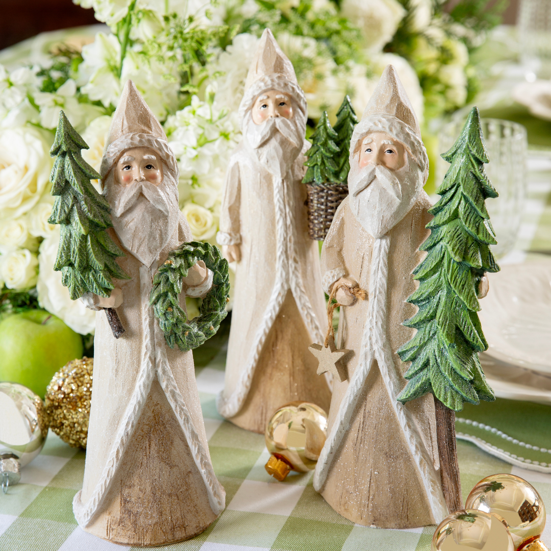 Raz Imports Natural Santa with Tree santa in beige robes with soft green trees and wreaths, each santa is unique. Woodland style santa cottage core christmas