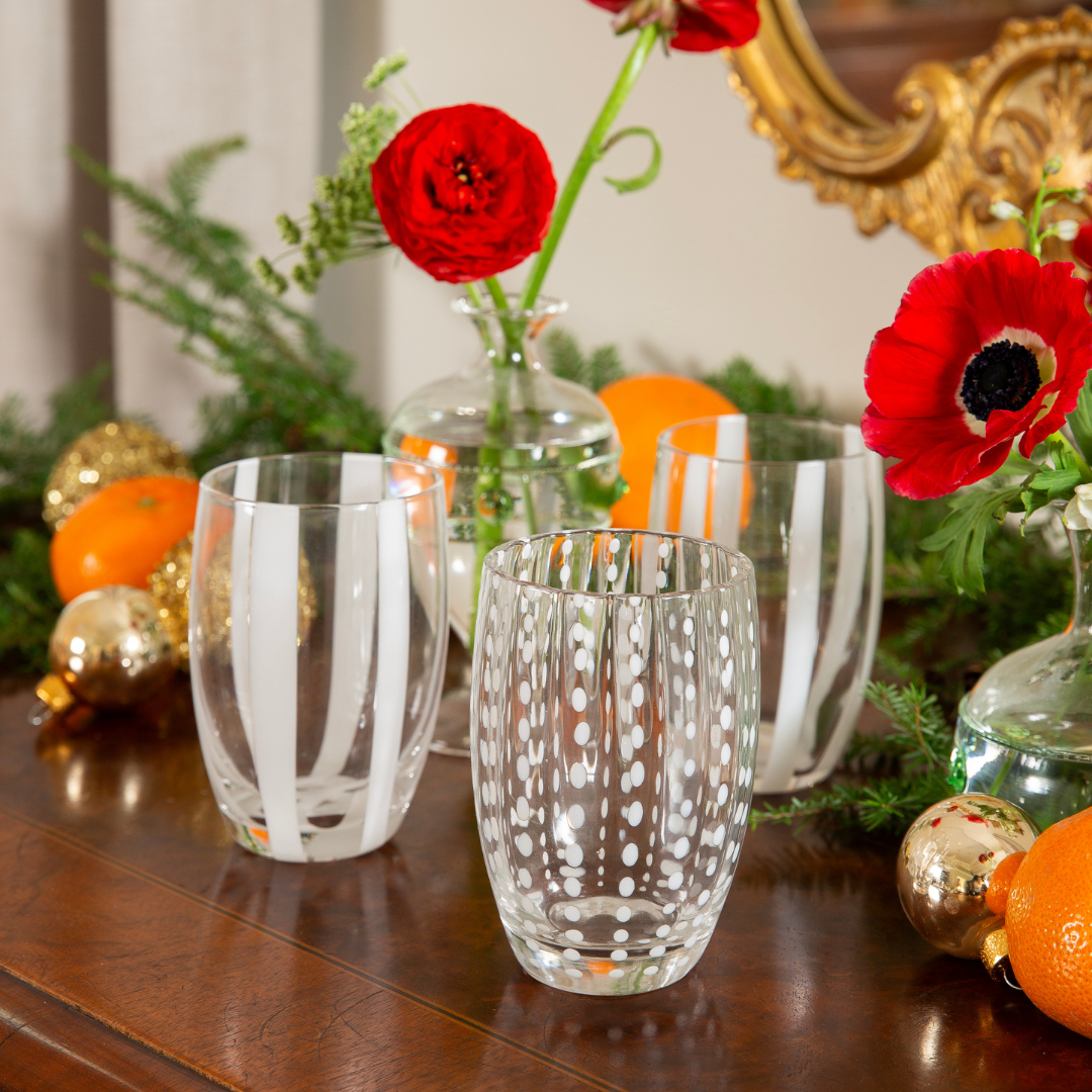 Zafferano perle tumbler with zafferano gessato tumbler displayed on buffet drinking glasses with white design detail